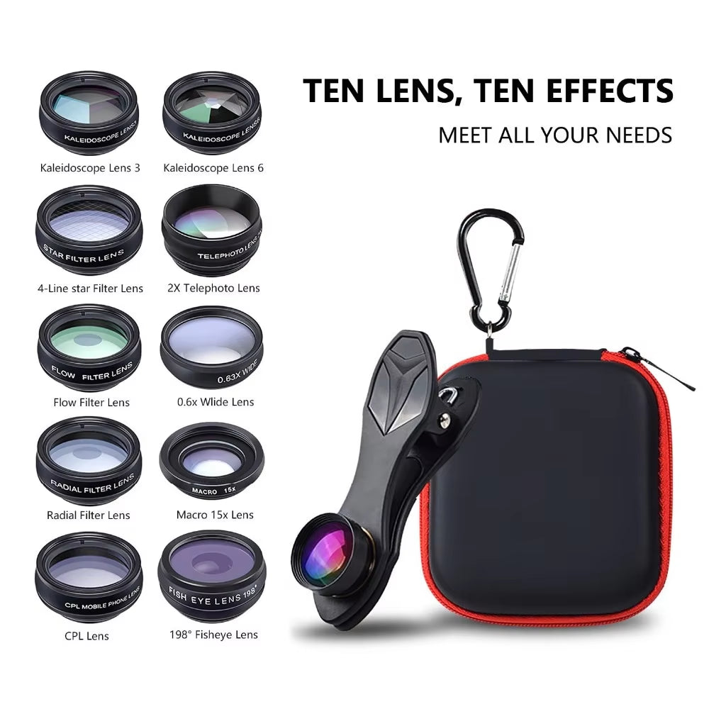 APEXEL Phone Lens Kit Universal 10 in 1 Fisheye Wide Angle Macro Lens CPL Filter Kaleidoscope+2X Telescope Lens for Smartphone